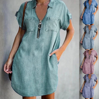 Denim Dress With Zip Closure - Jack of All Trends