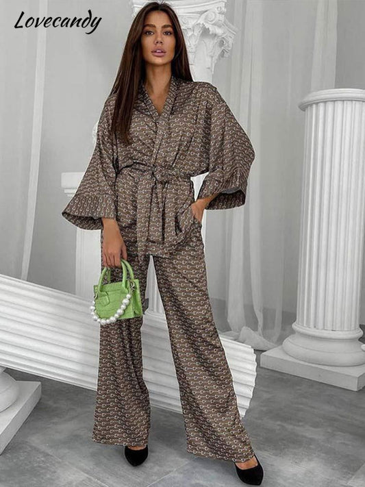 Ice Silk Printed Long-sleeved Trousers Suit Waist Lace-up Gown Wide Leg Pants 2 Piece Sets Spring And Summer Home Suit For Women - Jack of All Trends