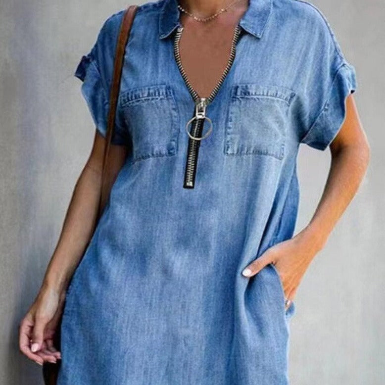 Denim Dress With Zip Closure - Jack of All Trends