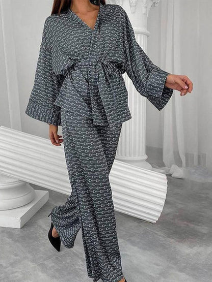 Ice Silk Printed Long-sleeved Trousers Suit Waist Lace-up Gown Wide Leg Pants 2 Piece Sets Spring And Summer Home Suit For Women - Jack of All Trends