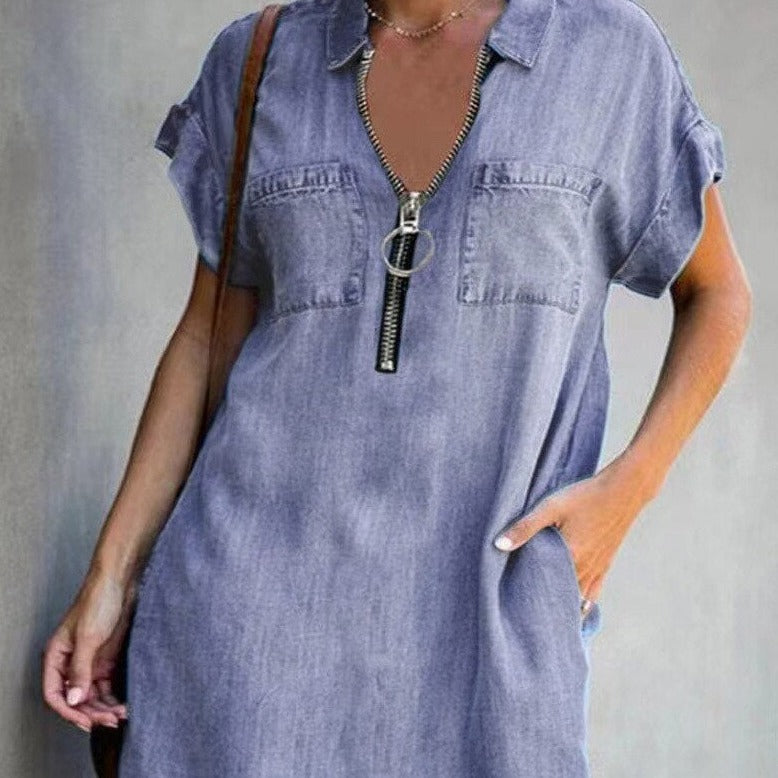 Denim Dress With Zip Closure - Jack of All Trends