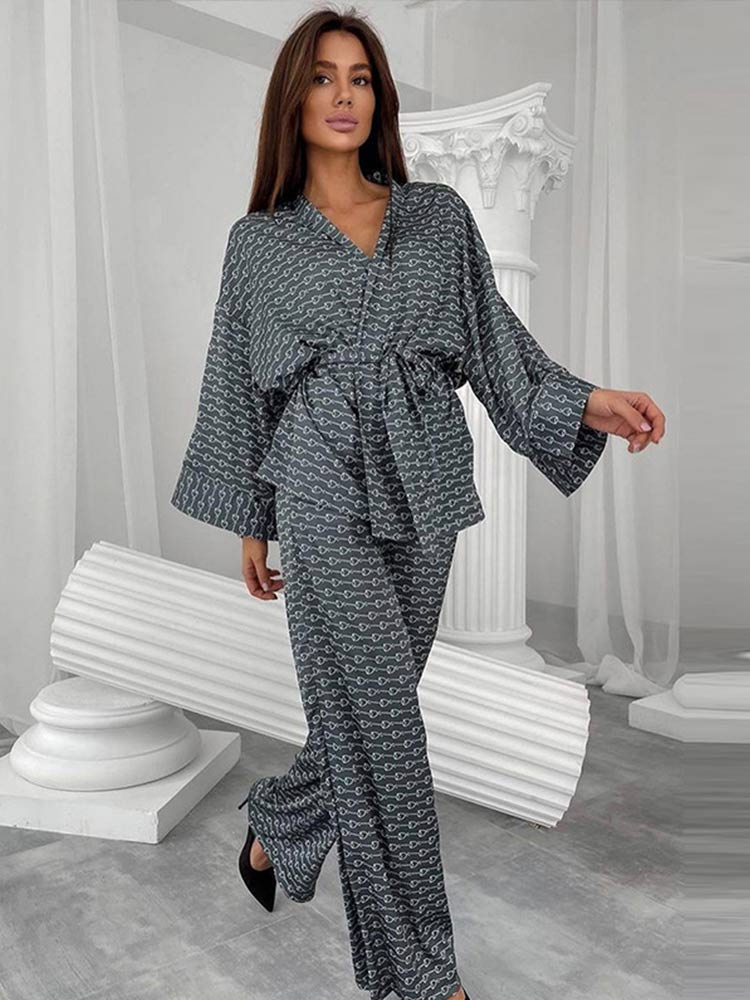 Ice Silk Printed Long-sleeved Trousers Suit Waist Lace-up Gown Wide Leg Pants 2 Piece Sets Spring And Summer Home Suit For Women - Jack of All Trends